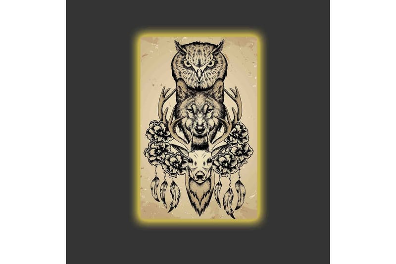 Canvas-taulu LED-valaistuksella - Eläinsommitelma pöllöstä, sudesta ja peurasta kukkien ja höyhenten ympäröimänä - Musta / Beige - Sisustustuotteet - Taulu & taide - Canvas-taulu