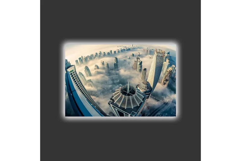 Canvas-taulu LED-valaistuksella - Futuristinen kaupunkikuva korkeine pilvenpiirtäjineen sumussa - Harmaa / Sininen / Beige - Sisustustuotteet - Taulu & taide - Canvas-taulu