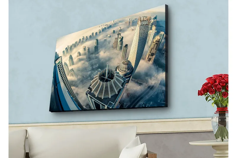 Canvas-taulu LED-valaistuksella - Futuristinen kaupunkikuva korkeine pilvenpiirtäjineen sumussa - Harmaa / Sininen / Beige - Sisustustuotteet - Taulu & taide - Canvas-taulu