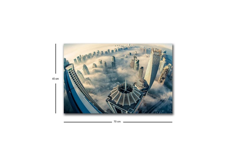 Canvas-taulu LED-valaistuksella - Futuristinen kaupunkikuva korkeine pilvenpiirtäjineen sumussa - Harmaa / Sininen / Beige - Sisustustuotteet - Taulu & taide - Canvas-taulu