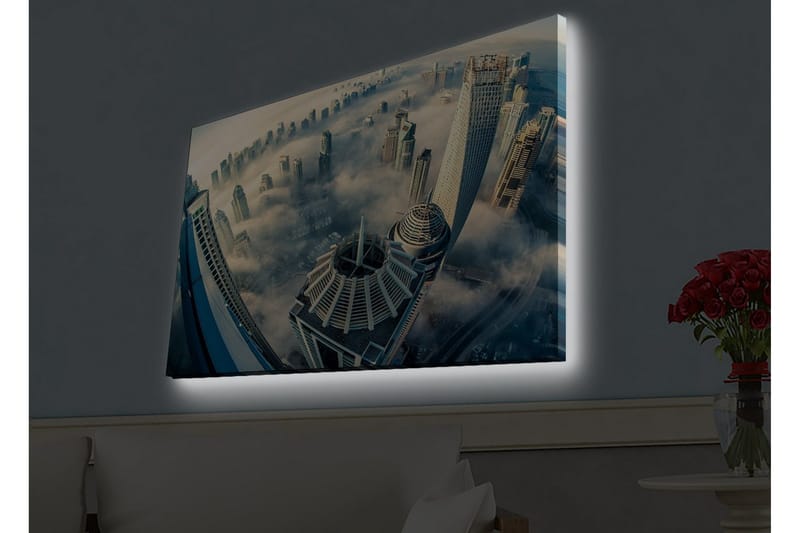 Canvas-taulu LED-valaistuksella - Futuristinen kaupunkikuva korkeine pilvenpiirtäjineen sumussa, Harmaa / Sininen / Beige