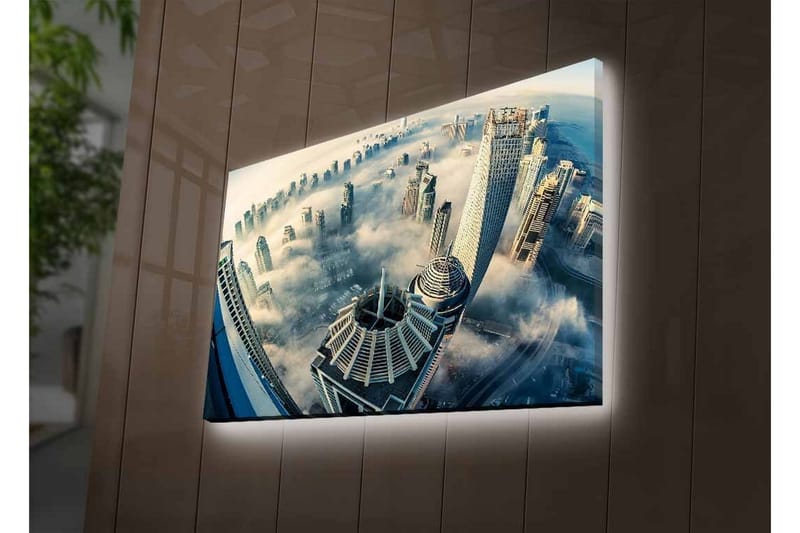 Canvas-taulu LED-valaistuksella - Futuristinen kaupunkikuva pilvenpiirtäjillä sumussa - Harmaa / Sininen / Valkoinen - Sisustustuotteet - Taulu & taide - Canvas-taulu