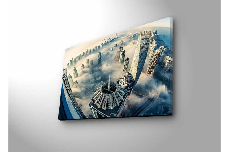 Canvas-taulu LED-valaistuksella - Futuristinen kaupunkikuva pilvenpiirtäjillä sumussa - Harmaa / Sininen / Valkoinen - Sisustustuotteet - Taulu & taide - Canvas-taulu