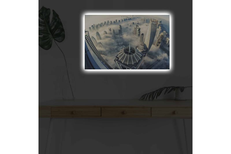 Canvas-taulu LED-valaistuksella - Futuristinen kaupunkikuva pilvenpiirtäjillä sumussa - Harmaa / Sininen / Valkoinen - Sisustustuotteet - Taulu & taide - Canvas-taulu