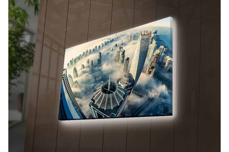 Canvas-taulu LED-valaistuksella - Futuristinen kaupunkikuva pilvenpiirtäjillä sumussa - Harmaa / Sininen / Valkoinen - Sisustustuotteet - Taulu & taide - Canvas-taulu