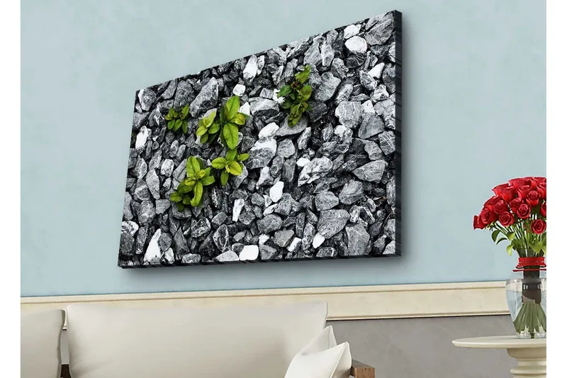 Canvas-taulu LED-valaistuksella - Harmaa kivinen pinta ja vihreitä kasveja, Harmaa / Vihreä