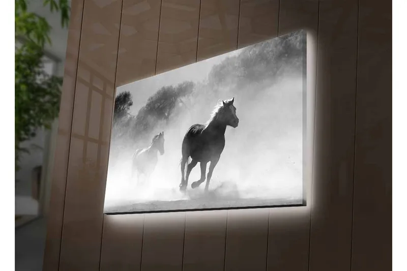 Canvas-taulu LED-valaistuksella - Hevoset laukkaavat sumussa - Musta / Valkoinen / Harmaa - Sisustustuotteet - Taulu & taide - Canvas-taulu