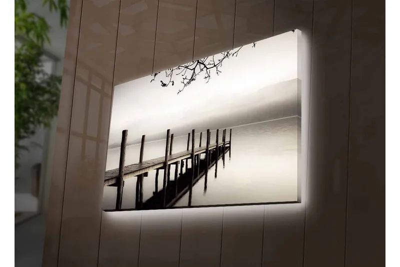 Canvas-taulu LED-valaistuksella - Hiljaisuus laiturilla sumussa - Harmaa / Musta / Valkoinen - Sisustustuotteet - Taulu & taide - Canvas-taulu