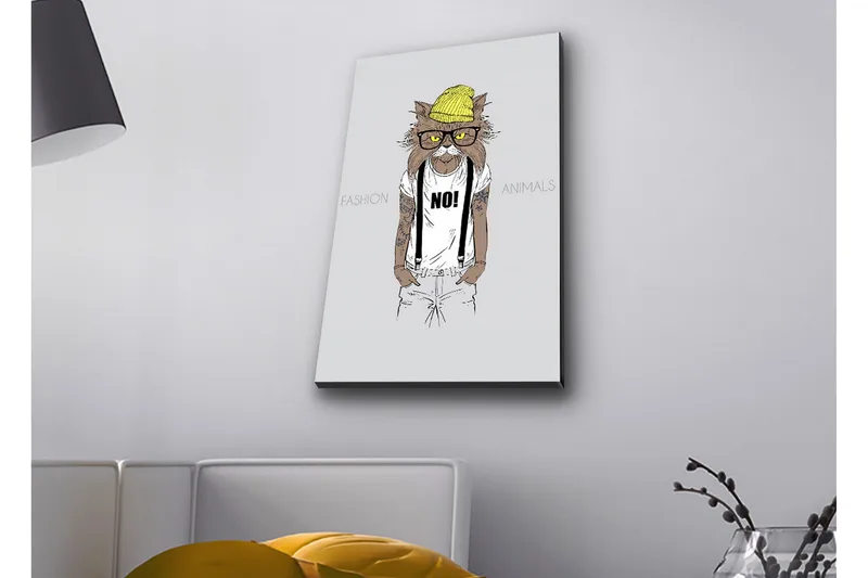 Canvas-taulu LED-valaistuksella - Hipsterityylinen kissa vaatteissa ja laseissa, Keltainen / Ruskea / Valkoinen