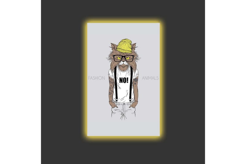Canvas-taulu LED-valaistuksella - Hipsterityylinen kissa vaatteissa ja laseissa - Keltainen / Ruskea / Valkoinen - Sisustustuotteet - Taulu & taide - Canvas-taulu