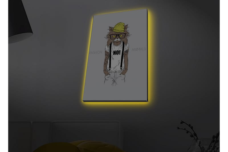 Canvas-taulu LED-valaistuksella - Hipsterityylinen kissa vaatteissa ja laseissa - Keltainen / Ruskea / Valkoinen - Sisustustuotteet - Taulu & taide - Canvas-taulu