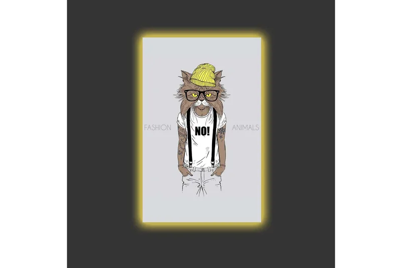 Canvas-taulu LED-valaistuksella - Hipsterityylinen kissa vaatteissa ja laseissa - Keltainen / Ruskea / Valkoinen - Sisustustuotteet - Taulu & taide - Canvas-taulu