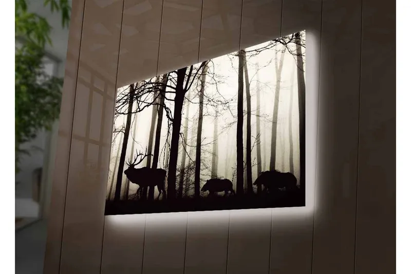 Canvas-taulu LED-valaistuksella - Hirvien ja villisikojen siluetit sumuisessa metsäympäristössä - Musta / Harmaa / Valkoinen - Sisustustuotteet - Taulu & taide - Canvas-taulu