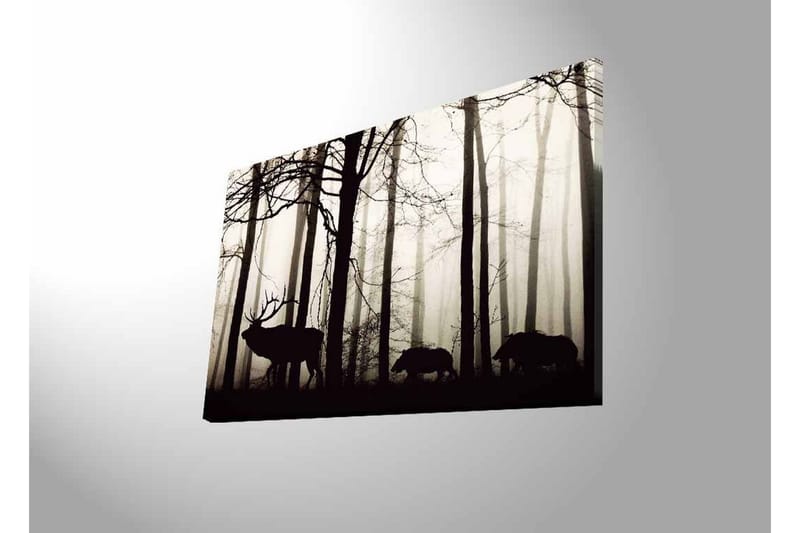 Canvas-taulu LED-valaistuksella - Hirvien ja villisikojen siluetit sumuisessa metsäympäristössä - Musta / Harmaa / Valkoinen - Sisustustuotteet - Taulu & taide - Canvas-taulu