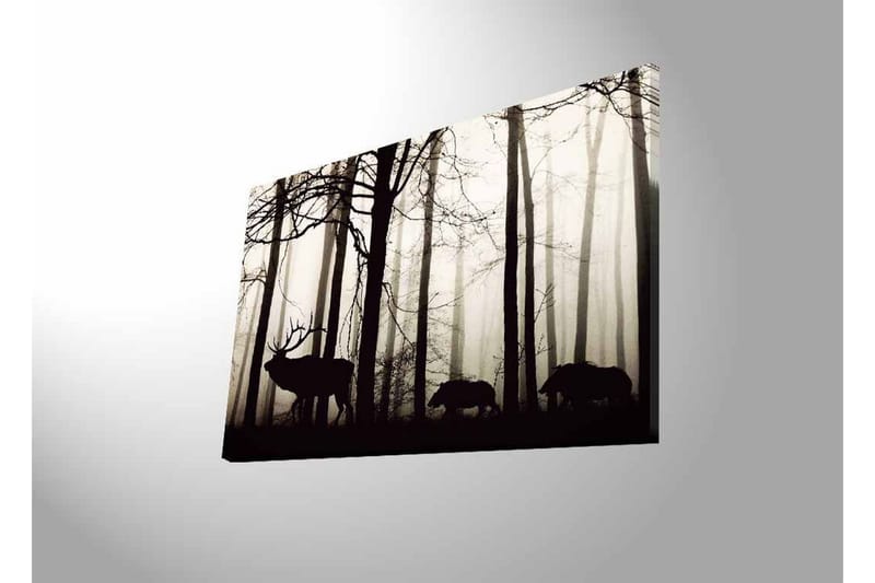 Canvas-taulu LED-valaistuksella - Hirvien ja villisikojen siluetit sumuisessa metsäympäristössä - Musta / Harmaa / Valkoinen - Sisustustuotteet - Taulu & taide - Canvas-taulu