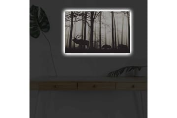 Canvas-taulu LED-valaistuksella - Hirvien ja villisikojen siluetit sumuisessa metsäympäristössä - Musta / Harmaa / Valkoinen - Sisustustuotteet - Taulu & taide - Canvas-taulu