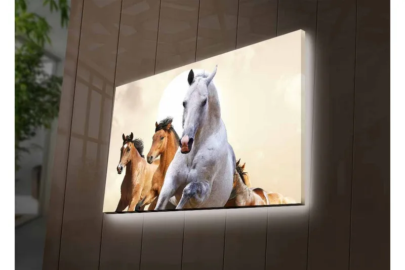 Canvas-taulu LED-valaistuksella - Juoksevat hevoset dynaamisessa sommitelmassa - Valkoinen / Ruskea / Beige - Sisustustuotteet - Taulu & taide - Canvas-taulu