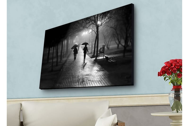 Canvas-taulu LED-valaistuksella - Kahden ihmisen siluetit sateenvarjojen kanssa sateisella kadulla - Musta / Harmaa - Sisustustuotteet - Taulu & taide - Canvas-taulu