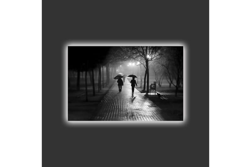 Canvas-taulu LED-valaistuksella - Kahden ihmisen siluetit sateenvarjojen kanssa sateisella kadulla - Musta / Harmaa - Sisustustuotteet - Taulu & taide - Canvas-taulu