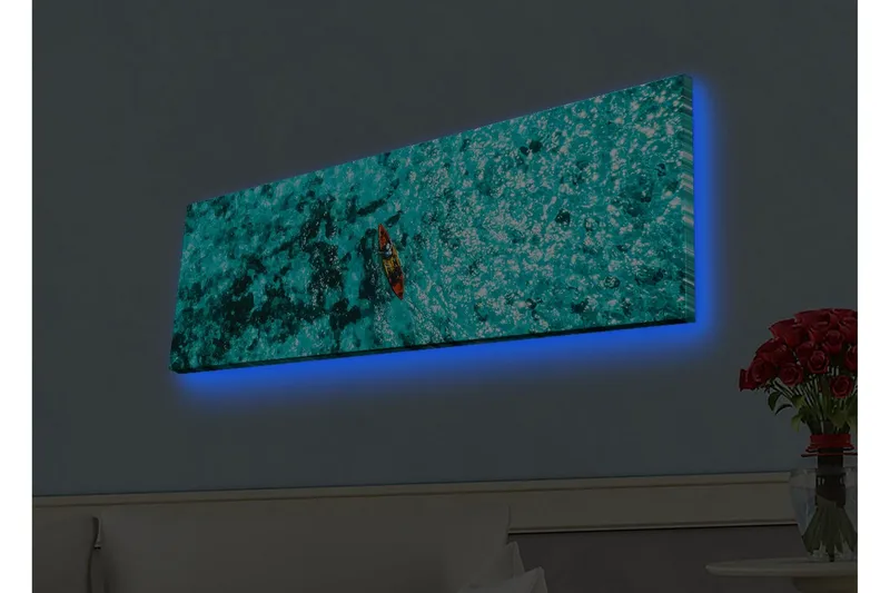 Canvas-taulu LED-valaistuksella - Kajakkimelonta turkoosilla vedellä, Turkoosi / Tummansininen / Punainen