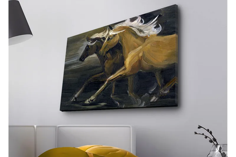 Canvas-taulu LED-valaistuksella - Kaksi hevosta liikkeessä voimakkailla ja lihaksikkailla muodoilla - Kulta / Musta - Sisustustuotteet - Taulu & taide - Canvas-taulu