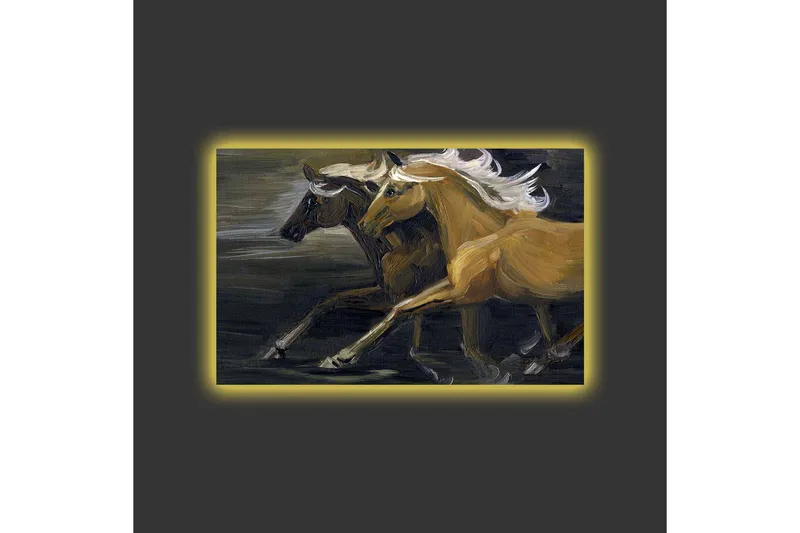 Canvas-taulu LED-valaistuksella - Kaksi hevosta liikkeessä voimakkailla ja lihaksikkailla muodoilla - Kulta / Musta - Sisustustuotteet - Taulu & taide - Canvas-taulu