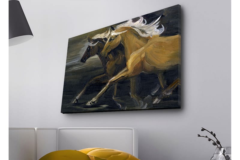 Canvas-taulu LED-valaistuksella - Kaksi hevosta liikkeessä voimakkailla ja lihaksikkailla muodoilla - Kulta / Musta - Sisustustuotteet - Taulu & taide - Canvas-taulu