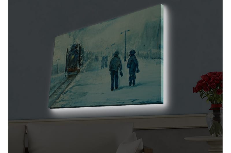 Canvas-taulu LED-valaistuksella - Kaksi ihmistä kävelee lumessa sumuisen taivaan alla - Sininen / Valkoinen / Harmaa - Sisustustuotteet - Taulu & taide - Canvas-taulu