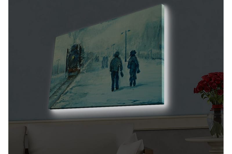Canvas-taulu LED-valaistuksella - Kaksi ihmistä kävelee lumessa sumuisen taivaan alla - Sininen / Valkoinen / Harmaa - Sisustustuotteet - Taulu & taide - Canvas-taulu