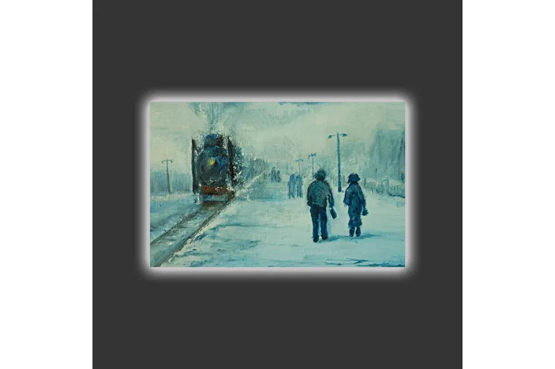 Canvas-taulu LED-valaistuksella - Kaksi ihmistä kävelee lumessa sumuisen taivaan alla - Sininen / Valkoinen / Harmaa - Sisustustuotteet - Taulu & taide - Canvas-taulu