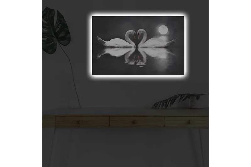 Canvas-taulu LED-valaistuksella - Kaksi joutsenta muodostaa sydämen peilimäisessä järvessä kuun alla - Valkoinen / Musta / Harmaa - Sisustustuotteet - Taulu & taide - Canvas-taulu