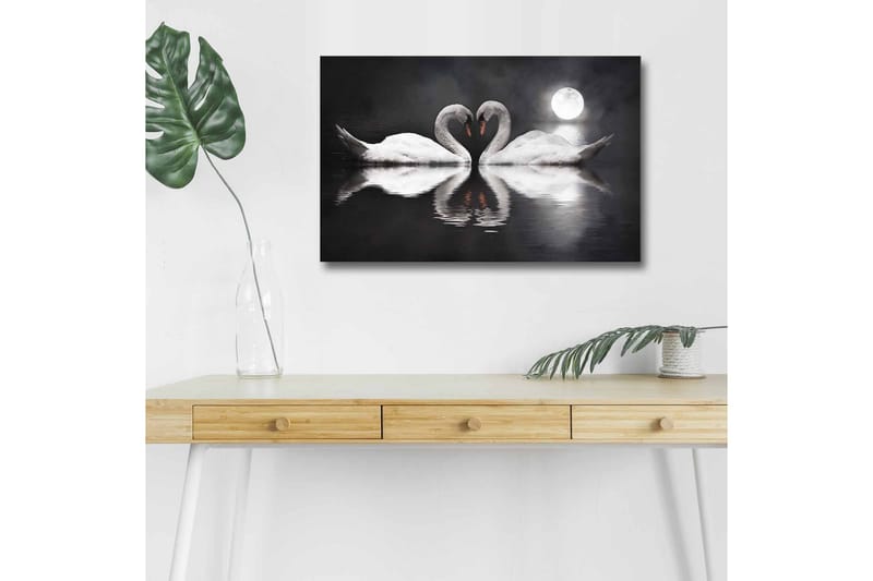 Canvas-taulu LED-valaistuksella - Kaksi joutsenta muodostaa sydämen peilimäisessä järvessä kuun alla, Valkoinen / Musta / Harmaa