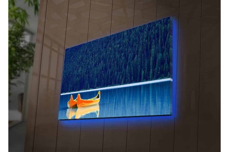 Canvas-taulu LED-valaistuksella - Kaksi kanoottia peilimäisessä järvessä tiheän metsän ympäröimänä - Sininen / oranssi - Sisustustuotteet - Taulu & taide - Canvas-taulu