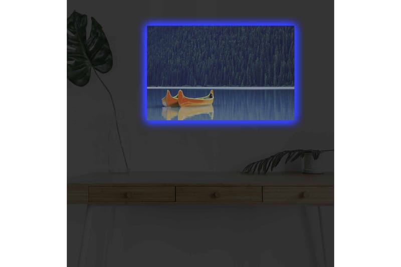 Canvas-taulu LED-valaistuksella - Kaksi kanoottia peilimäisessä järvessä tiheän metsän ympäröimänä - Sininen / oranssi - Sisustustuotteet - Taulu & taide - Canvas-taulu