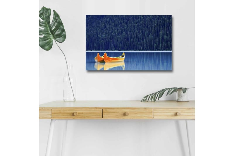 Canvas-taulu LED-valaistuksella - Kaksi kanoottia peilimäisessä järvessä tiheän metsän ympäröimänä - Sininen / oranssi - Sisustustuotteet - Taulu & taide - Canvas-taulu