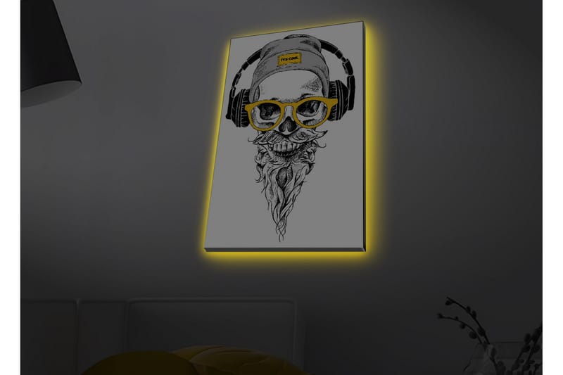 Canvas-taulu LED-valaistuksella - Kallo, kuulokkeet ja lasit modernilla tyylillä, Musta / Keltainen / Harmaa