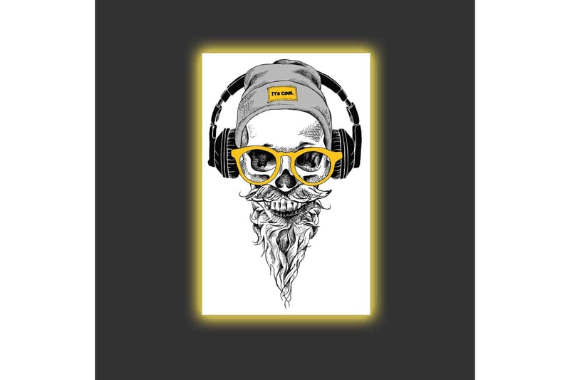 Canvas-taulu LED-valaistuksella - Kallo, kuulokkeet ja lasit modernilla tyylillä - Musta / Keltainen / Harmaa - Sisustustuotteet - Taulu & taide - Canvas-taulu