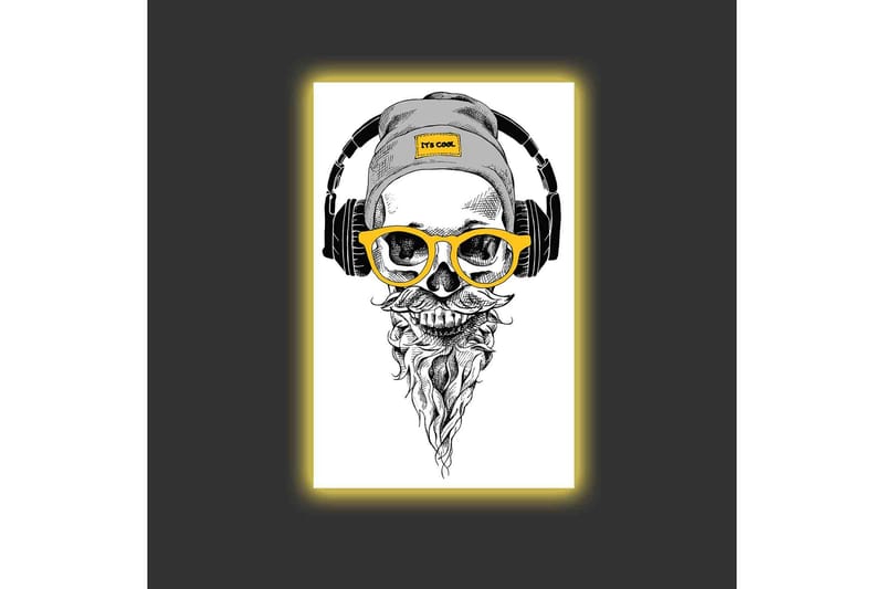 Canvas-taulu LED-valaistuksella - Kallo, kuulokkeet ja lasit modernilla tyylillä - Musta / Keltainen / Harmaa - Sisustustuotteet - Taulu & taide - Canvas-taulu