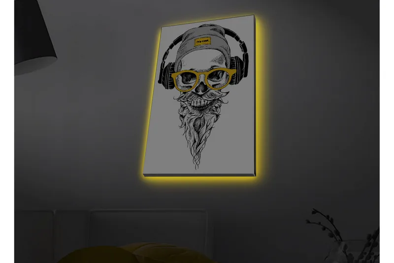 Canvas-taulu LED-valaistuksella - Kallo, kuulokkeet ja lasit modernilla tyylillä, Musta / Keltainen / Harmaa