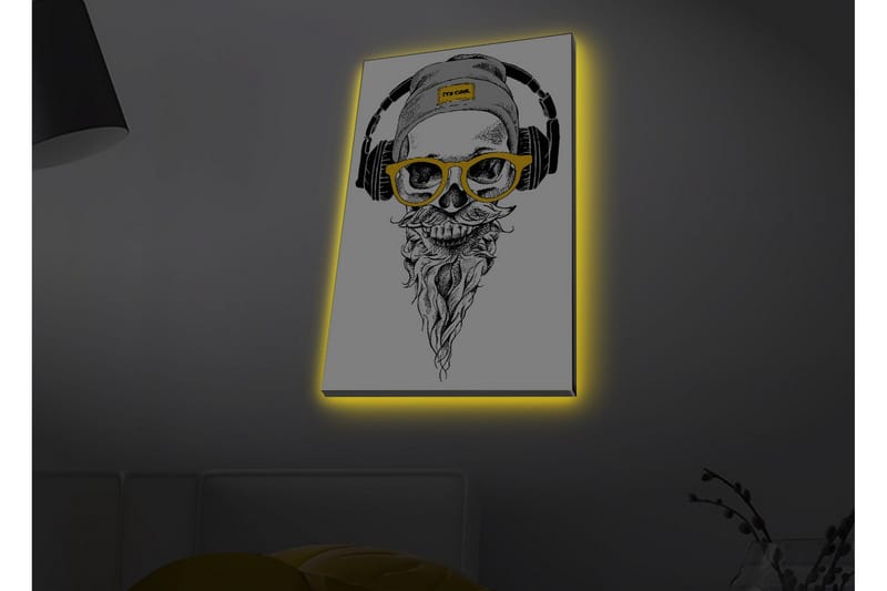 Canvas-taulu LED-valaistuksella - Kallo, kuulokkeet ja lasit modernilla tyylillä, Musta / Keltainen / Harmaa