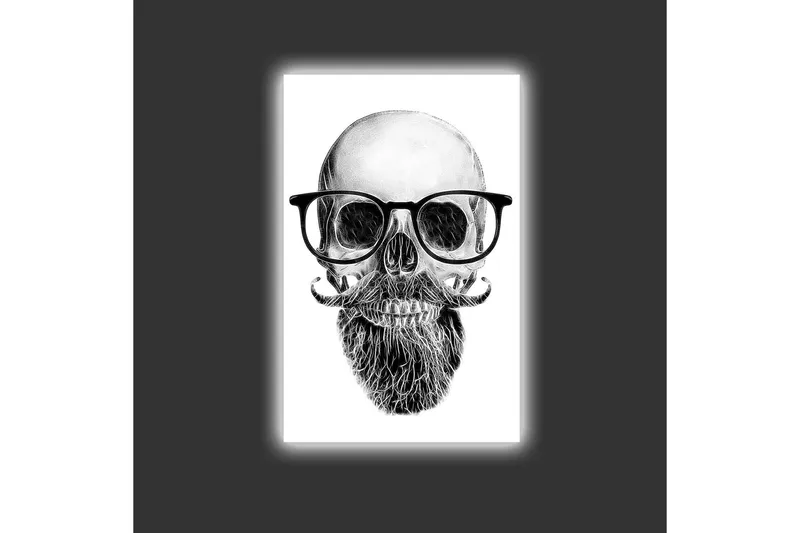 Canvas-taulu LED-valaistuksella - Kallo, silmälasit ja viikset - Musta / Harmaa / Valkoinen - Sisustustuotteet - Taulu & taide - Canvas-taulu