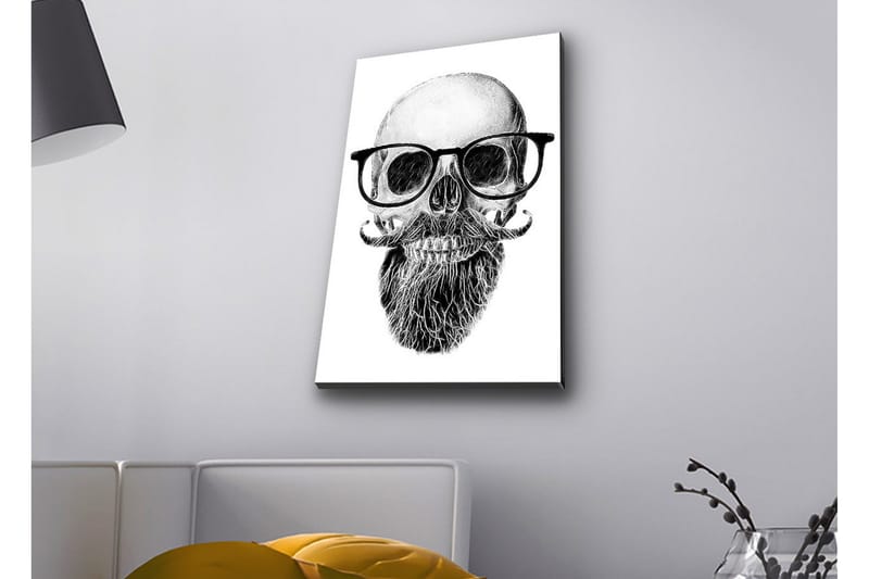 Canvas-taulu LED-valaistuksella - Kallo, silmälasit ja viikset, Musta / Harmaa / Valkoinen