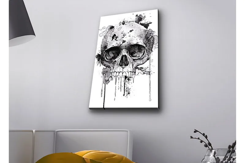 Canvas-taulu LED-valaistuksella - Kallo abstrakteilla musteyksityiskohdilla, Musta / Harmaa