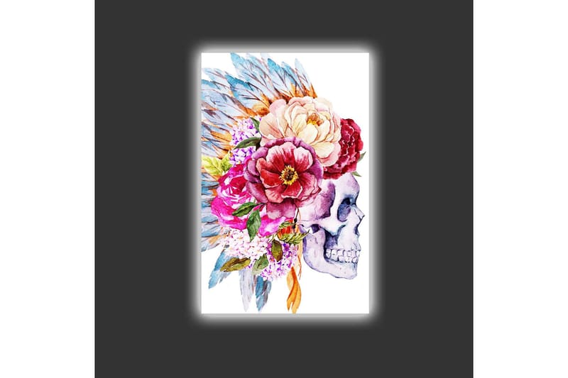 Canvas-taulu LED-valaistuksella - Kallo koristeltuna värikkäillä kukilla ja höyhenillä - Violetti / Vaaleanpunainen / Vihreä - Sisustustuotteet - Taulu & taide - Canvas-taulu