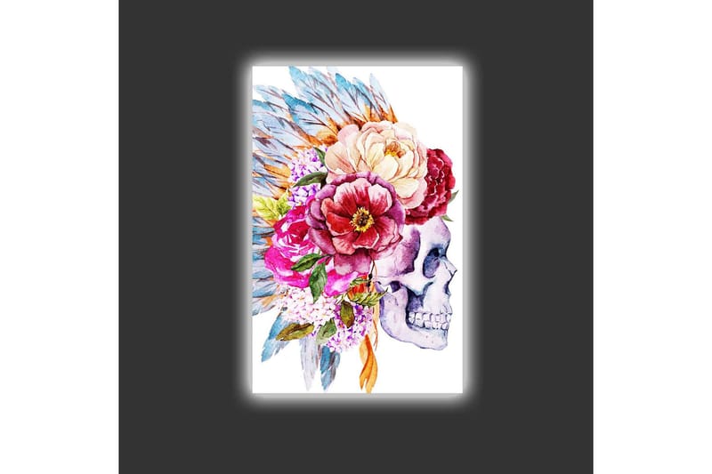 Canvas-taulu LED-valaistuksella - Kallo koristeltuna värikkäillä kukilla ja höyhenillä - Violetti / Vaaleanpunainen / Vihreä - Sisustustuotteet - Taulu & taide - Canvas-taulu