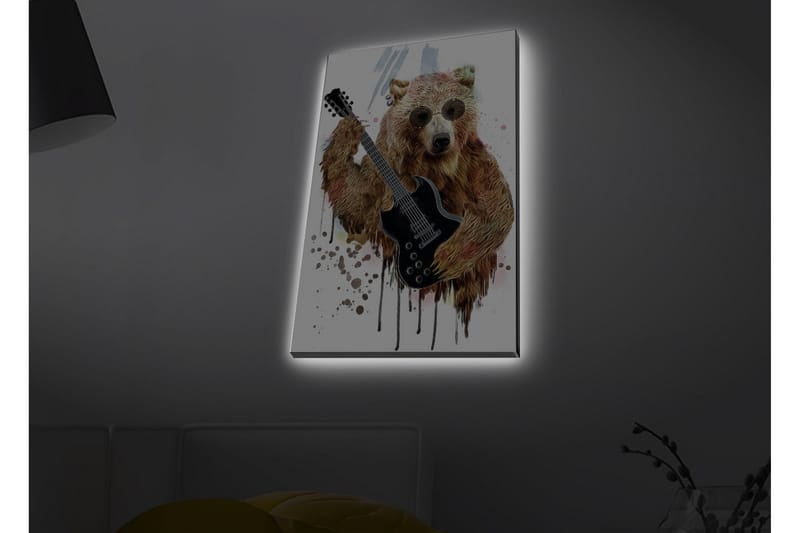 Canvas-taulu LED-valaistuksella - Karhu soittaa sähkökitaraa aurinkolasien kanssa, Ruskea / Musta / Beige