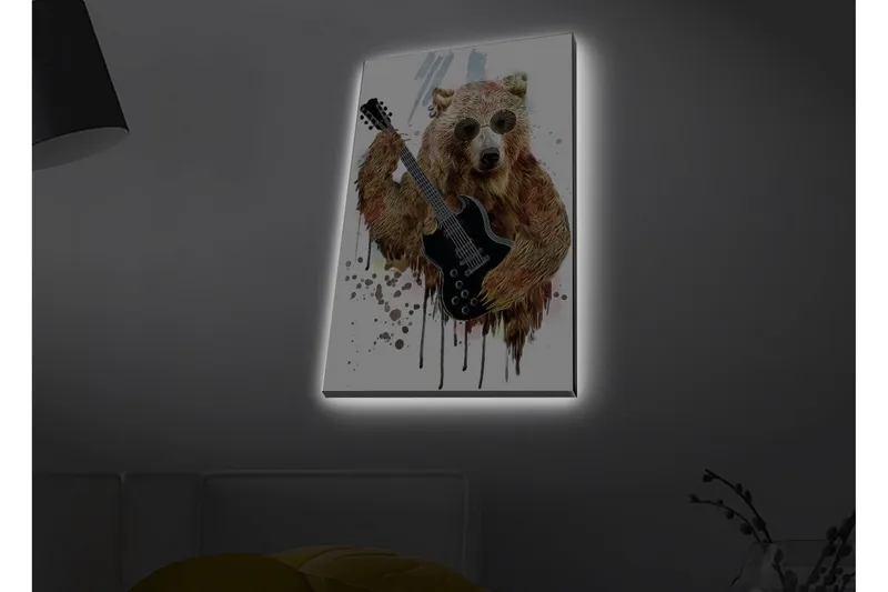Canvas-taulu LED-valaistuksella - Karhu soittaa sähkökitaraa aurinkolasien kanssa, Ruskea / Musta / Beige