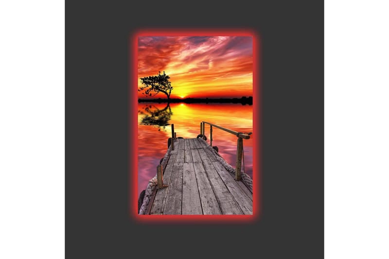 Canvas-taulu LED-valaistuksella - Kaunis auringonlasku rauhallisen järven yllä puinen laituri etualalla - Oranssi / Violetti / Vihreä - Sisustustuotteet - Taulu & taide - Canvas-taulu