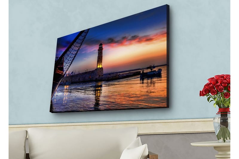Canvas-taulu LED-valaistuksella - Kaunis auringonlasku sataman yllä majakan ja veneiden kanssa - Tummansininen / Oranssi / Violetti - Sisustustuotteet - Taulu & taide - Canvas-taulu