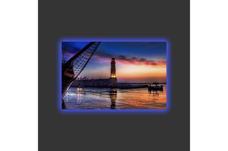 Canvas-taulu LED-valaistuksella - Kaunis auringonlasku sataman yllä majakan ja veneiden kanssa - Tummansininen / Oranssi / Violetti - Sisustustuotteet - Taulu & taide - Canvas-taulu